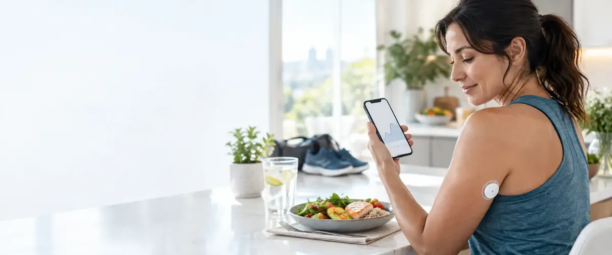 Persona utiliza un sensor y consulta sus patrones de azúcar